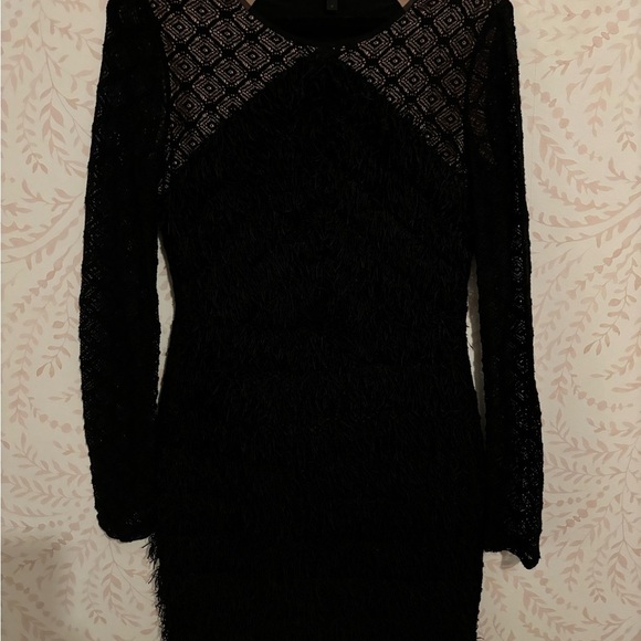 BCBG Maxazria Velma Black Dress Women's Size M Tiered Fringe Lace Long Sleeve - Picture 9 of 9
